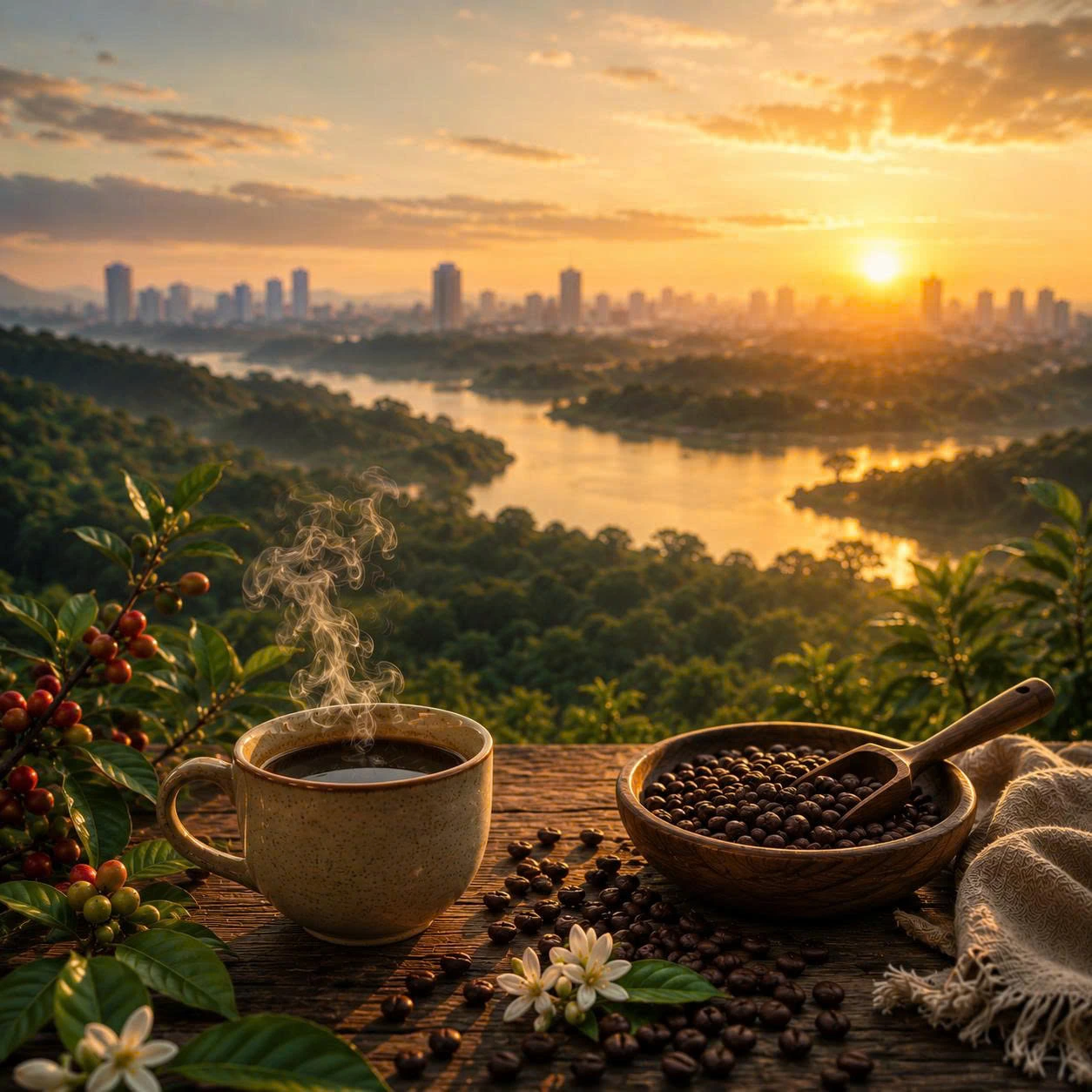 Một gói cà phê Dorae bên khung cảnh Đồng Nai lúc bình minh